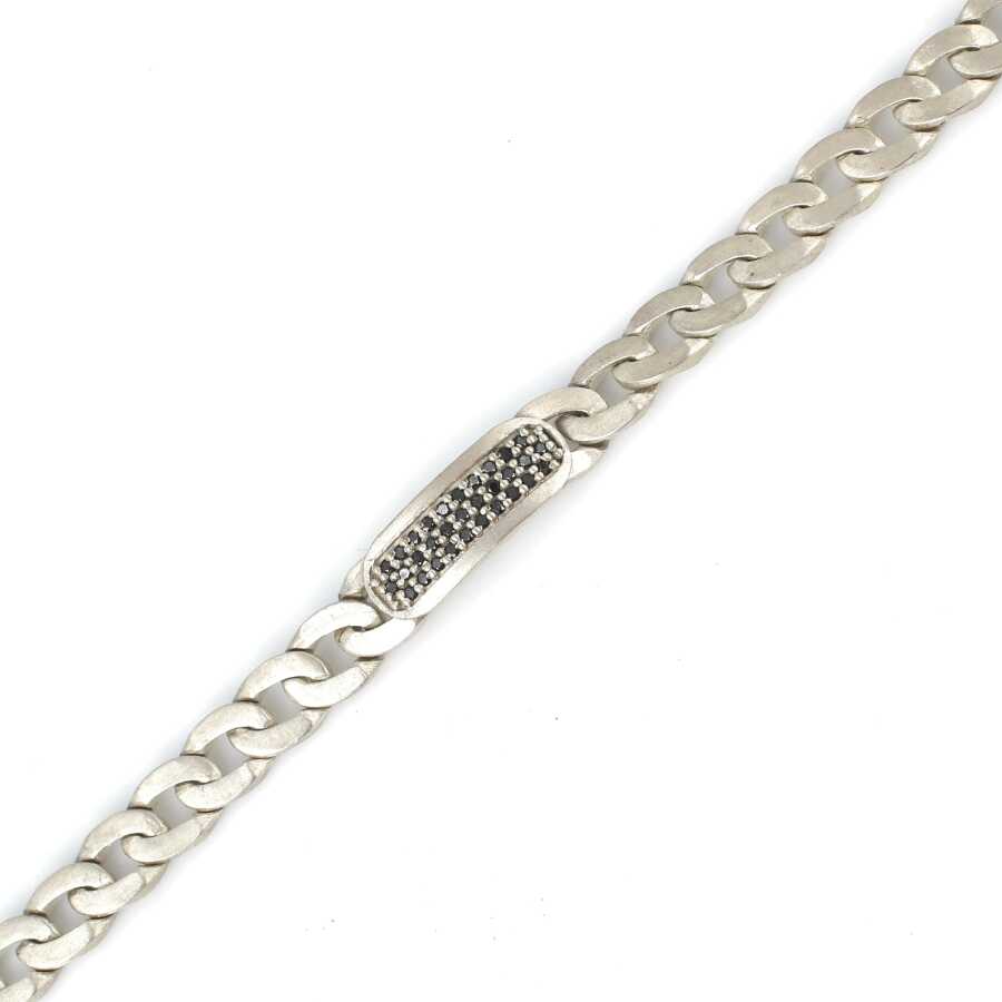 925 Sterling Silver Black Zircon Gourmet Link Bracelet - Matte Finish