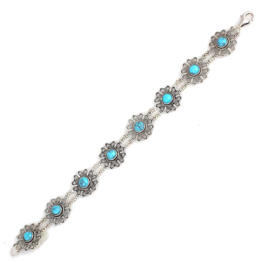 Exquisite 925 Sterling Silver Floral Filigree Turquoise Bracelet
