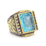Sterling Silver Rectangular Aquamarine Men's Ring - Hand-Engraved