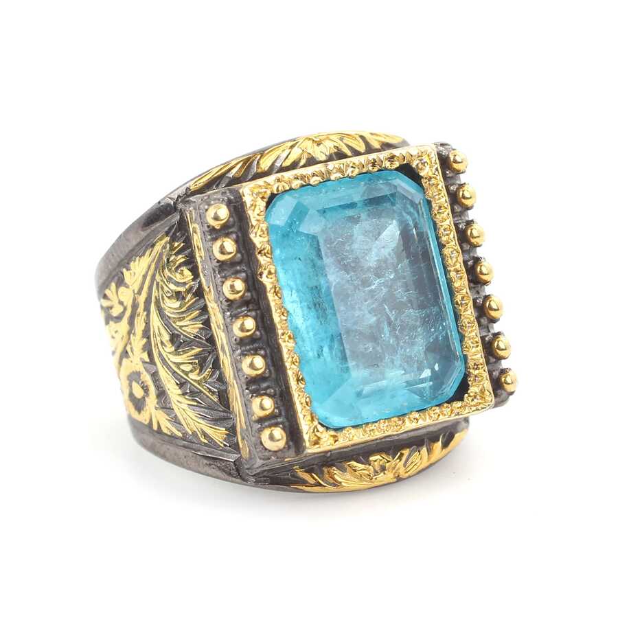 Sterling Silver Rectangular Aquamarine Men's Ring - Hand-Engraved