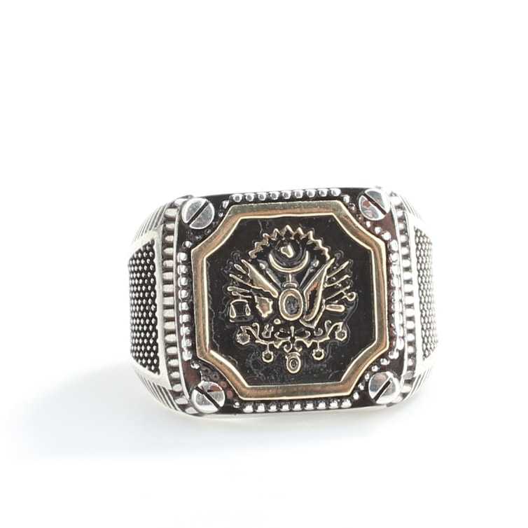 925 Sterling Silver & Bronze Men's Ring - Square Ottoman Coat of Arms