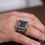 925 Sterling Silver Peridot Men's Ring - Square Double Contour