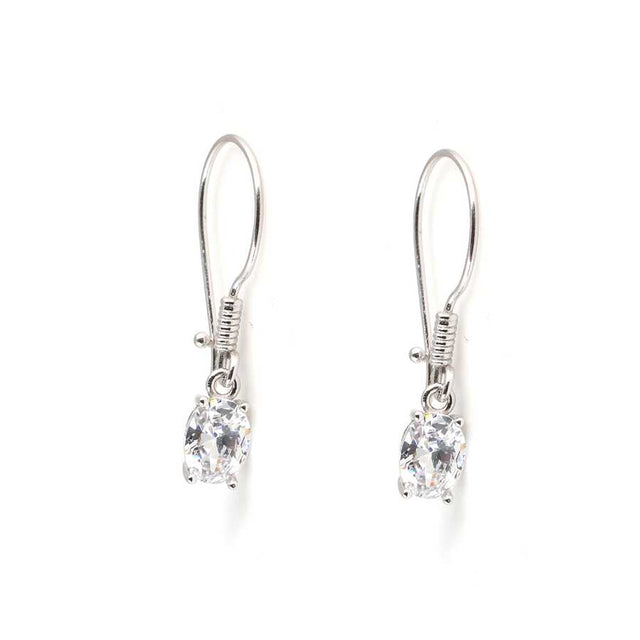 925 Sterling Silver Oval Zircon Dangle Earrings - Petite Design