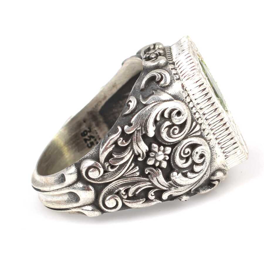 Hand-Engraved 925 Sterling Silver Peridot Men's Statement Ring