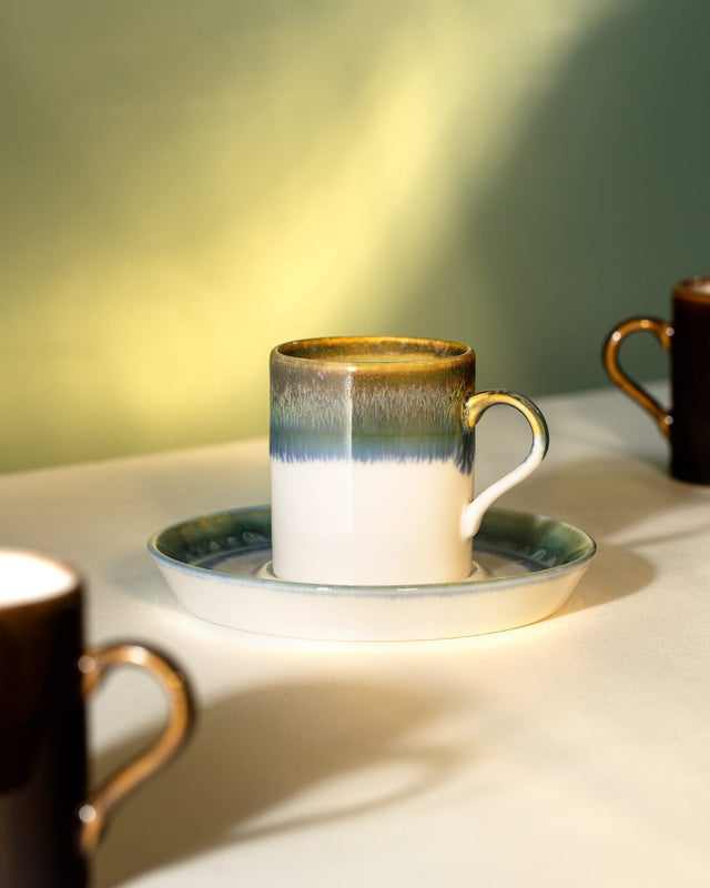 Porcelain 2-Piece Coffee Cup Set - Modern Blue-Green Accent