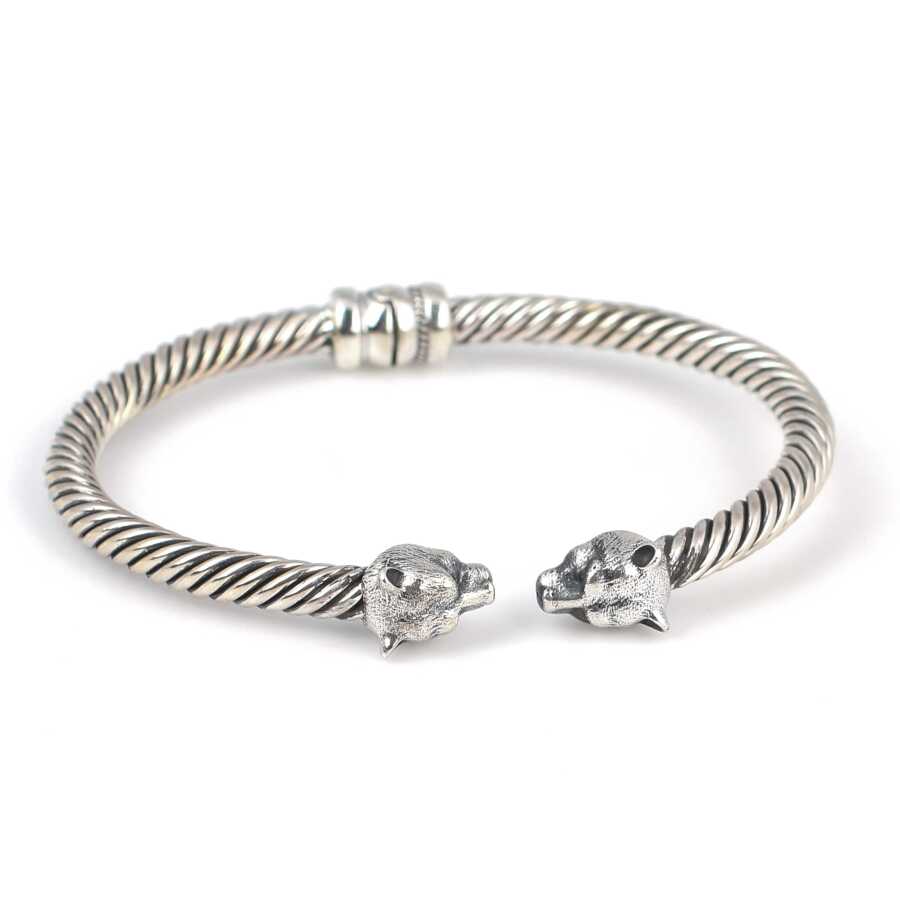 925 Sterling Silver Bear Head Men's Twisted Bracelet