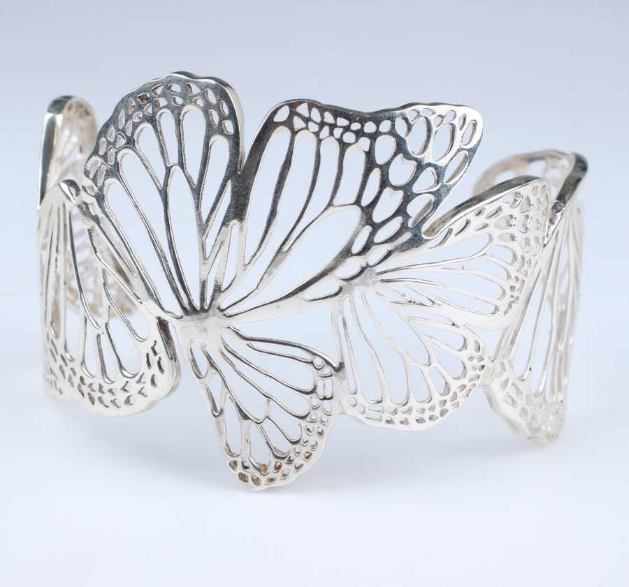 925 Sterling Silver Wide Butterfly Open Cuff Bangle Bracelet