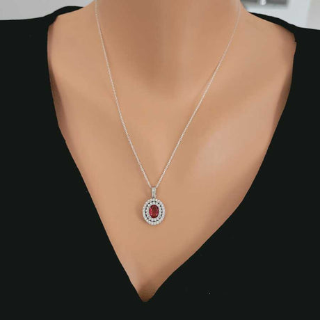 925 Sterling Silver Double Halo Oval Ruby Zircon Pendant Necklace