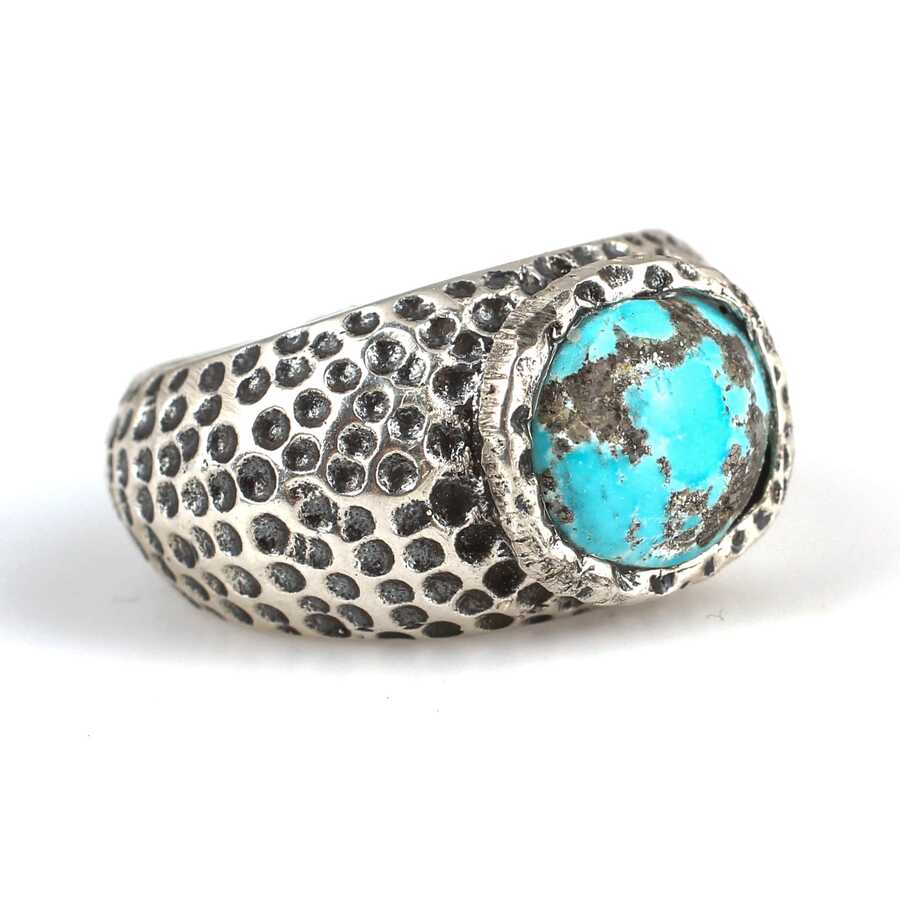 925 Sterling Silver Oval Turquoise Men's Ring with Engravings