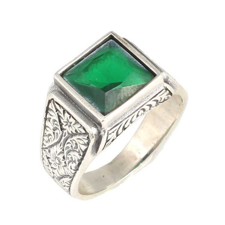 925 Sterling Silver Square Synthetic Emerald Gemstone Ring