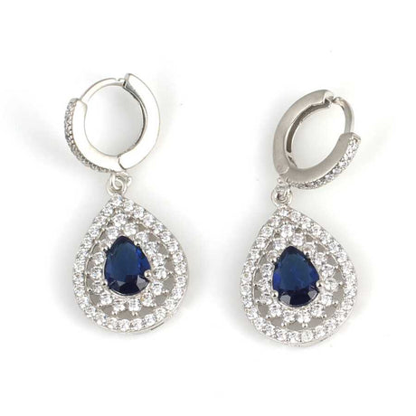 Sterling Silver Double Halo Teardrop Sapphire Zircon Drop Earrings