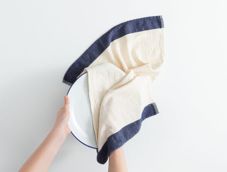 Luxurious 100% Cotton Dish Towel - Ecru & Navy Blue Kitchen Essential