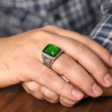925 Sterling Silver Men's Ring - Hand-Engraved Green Pressed Amber