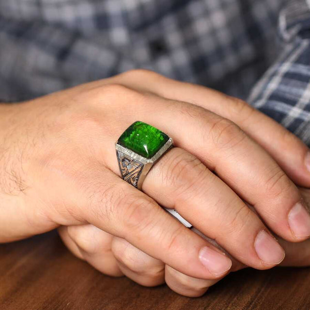 925 Sterling Silver Men's Ring - Hand-Engraved Green Pressed Amber