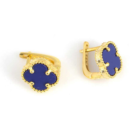 Elegant Sterling Silver Clover Design Navy Stone Earrings
