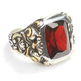 Sterling Silver Men's Ring - Hand-Engraved Column & Faceted Red Ruby