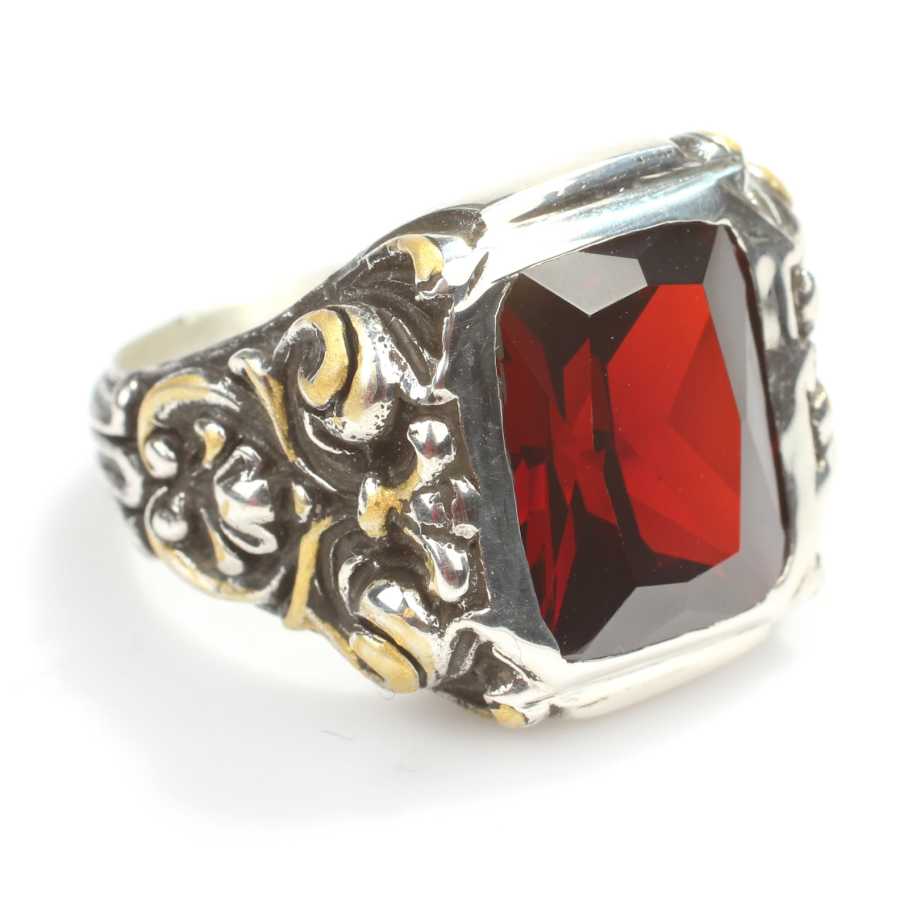 Sterling Silver Men's Ring - Hand-Engraved Column & Faceted Red Ruby