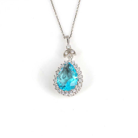 925 Sterling Silver Aquamarine Zircon Teardrop Halo Necklace