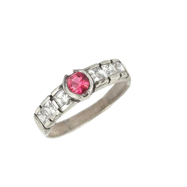 925 Sterling Silver Elegant Baguette Zircon Ring - White & Red Accents