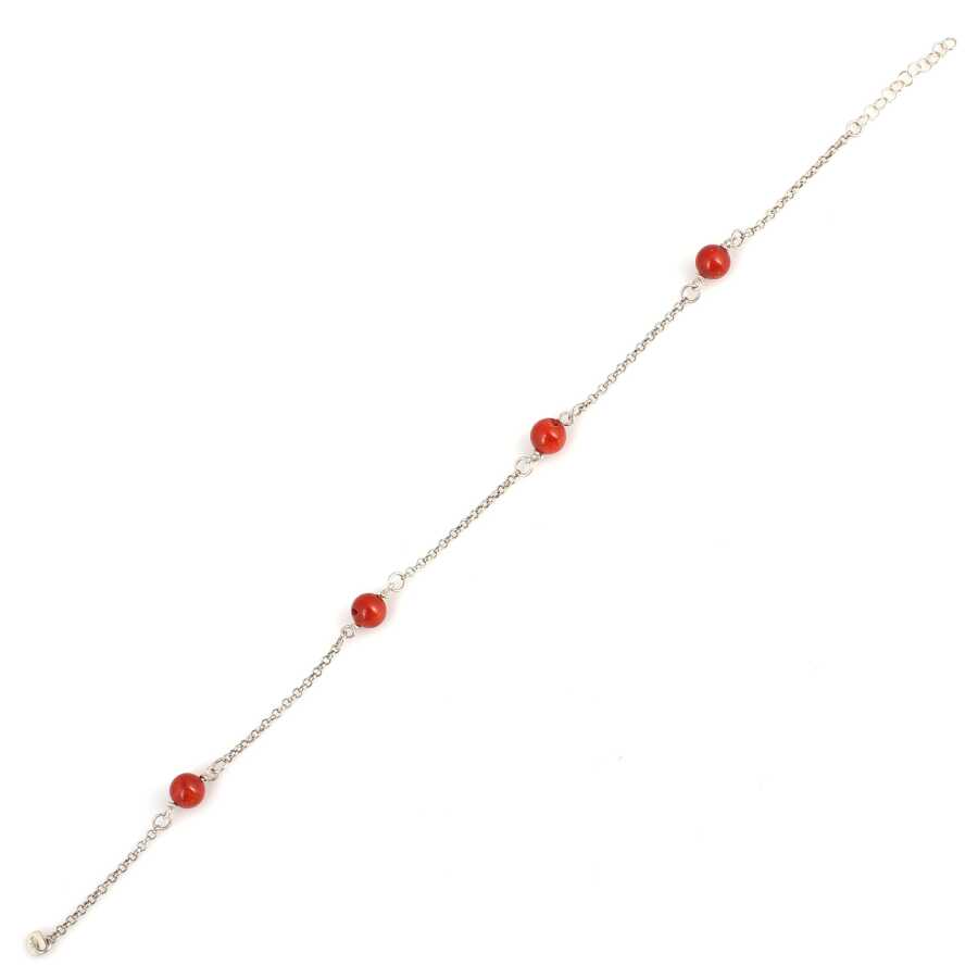 925 Sterling Silver Anklet with Eight Coral Stones - Delicate Style