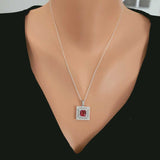 Sterling Silver Double Row Halo Square Ruby Zircon Pendant Necklace