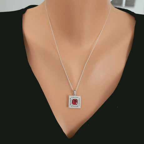 Sterling Silver Double Row Halo Square Ruby Zircon Pendant Necklace