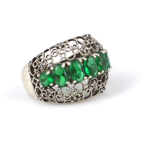Sterling Silver Filigree Ring - Green and White Zircon Stones