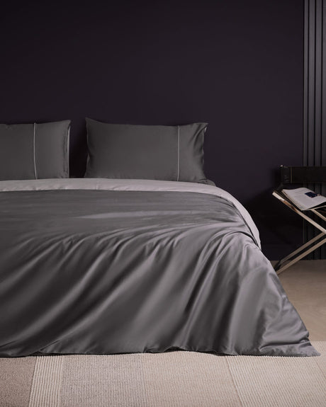 Premium 100% Cotton Sateen Piped Duvet Cover Set - Full/Queen - Anthracite Grey