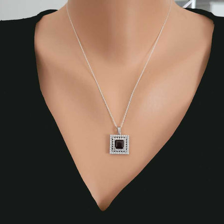 Sterling Silver Double Halo Square Garnet & Zircon Necklace