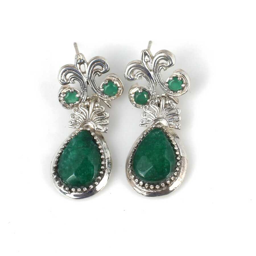 925 Sterling Silver Lab-Created Emerald - Antique Stud Earrings