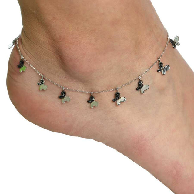 Premium Sterling Silver Butterfly Anklet Bracelet White Black Stone