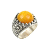 Sterling Silver Men's Ring - Round Pressed Amber & Hand-Engraved