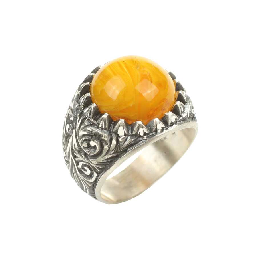 Sterling Silver Men's Ring - Round Pressed Amber & Hand-Engraved