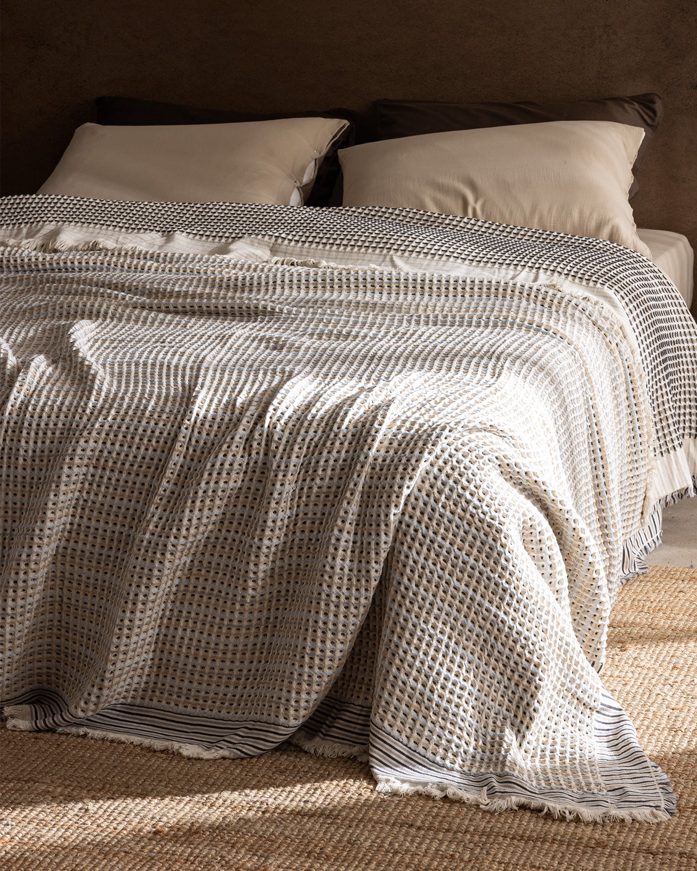 Cotton Bedspread Single Size - Beige and Blue Reversible Coverlet