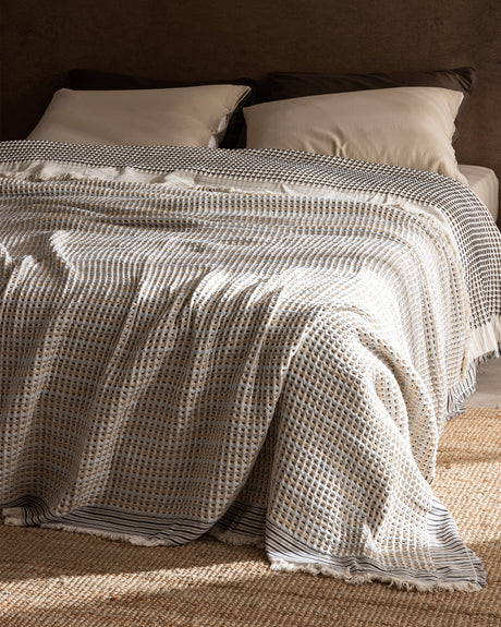 Cotton Bedspread Single Size - Beige and Blue Reversible Coverlet