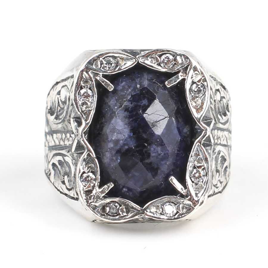 Sterling Silver Root Sapphire Men's Ring - Handcrafted Rectangular