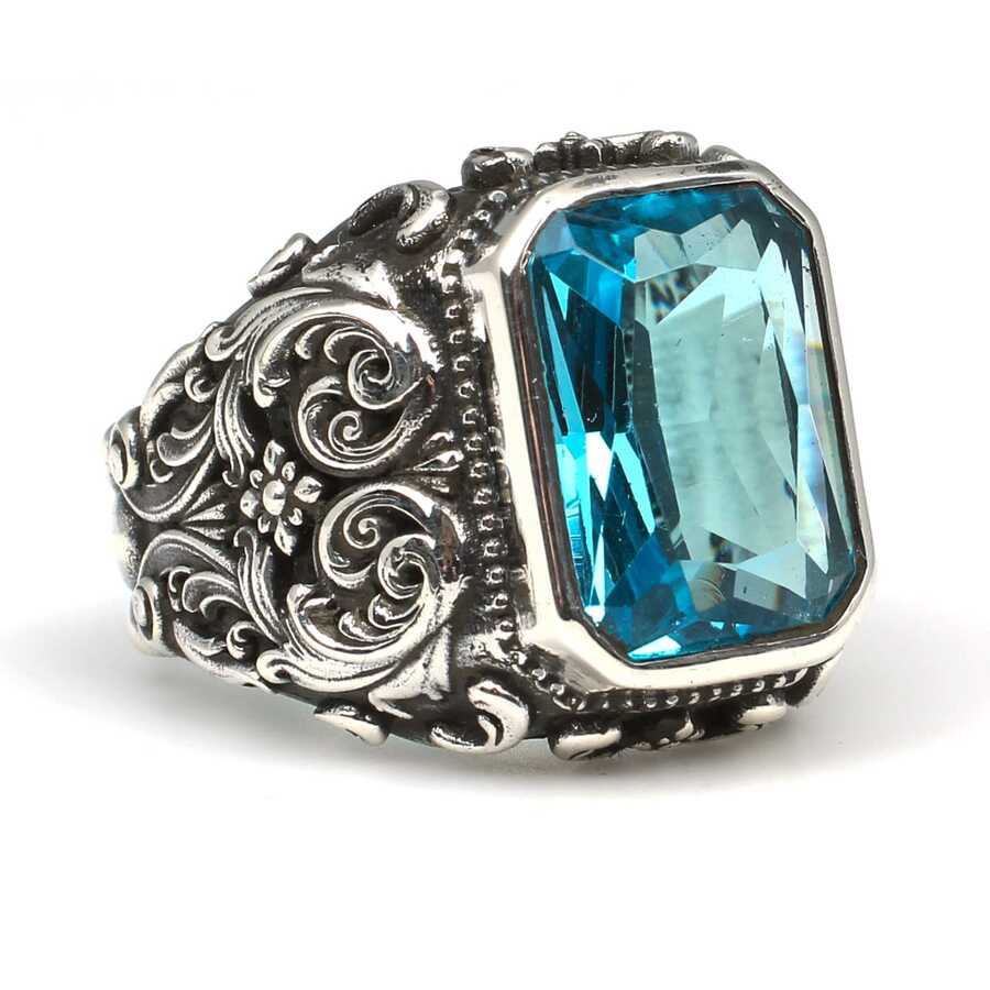 Bague pour homme en argent sterling 925 gravée à la main avec aigue-marine