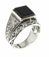 925 Sterling Silver Men's Ring with Square Onyx & Vine Pattern