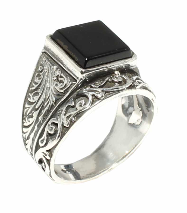 925 Sterling Silver Men's Ring with Square Onyx & Vine Pattern