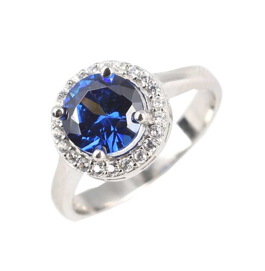 925 Sterling Silver Round Synthetic Sapphire Halo Ring