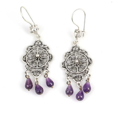 Sterling Silver Filigree Dome Earrings - Natural Amethyst Gemstone