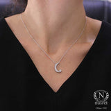 925 Sterling Silver Moon & Star Zircon Pendant Necklace