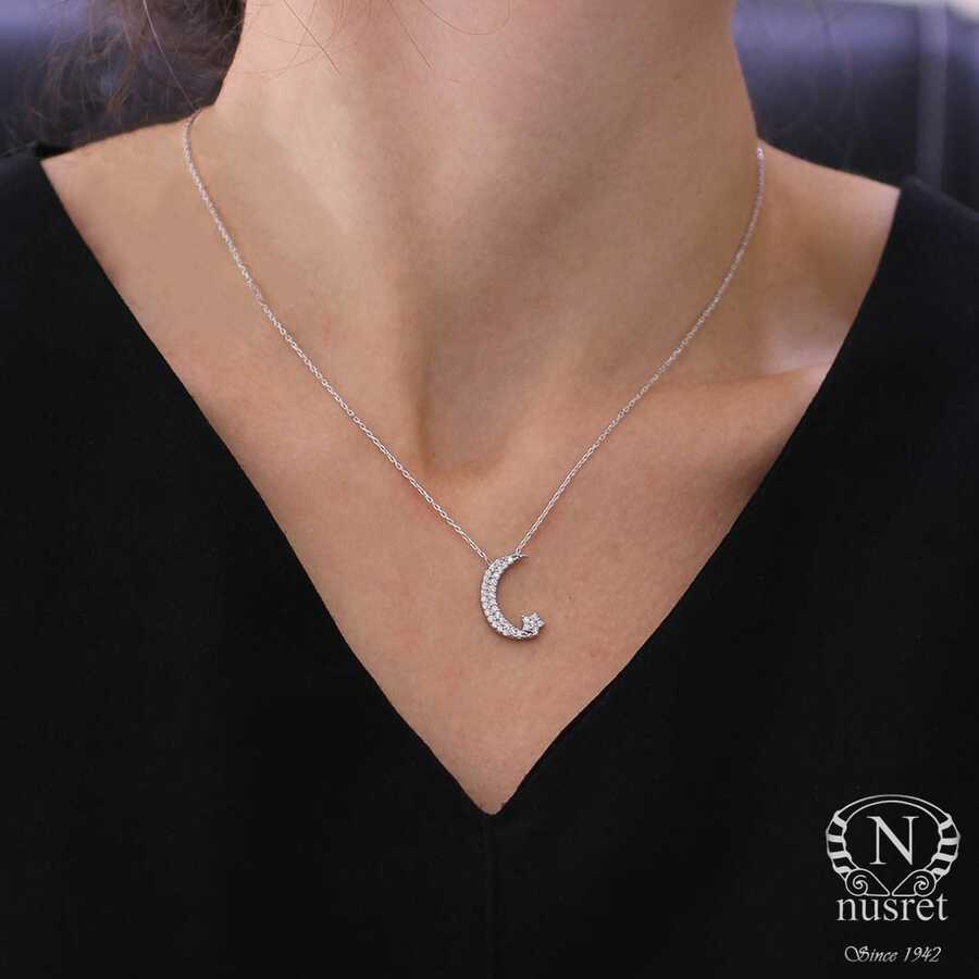 925 Sterling Silver Moon & Star Zircon Pendant Necklace