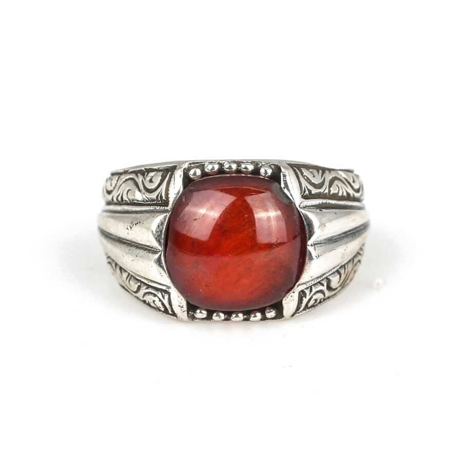 925 Sterling Silver Round Agate Engraved Men's Ring
