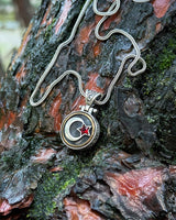 Sterling Silver Crescent & Star Necklace with Rotating Red Stone