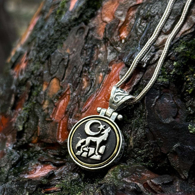 Sterling Silver Rotating Crescent & Wolf Symbol Necklace