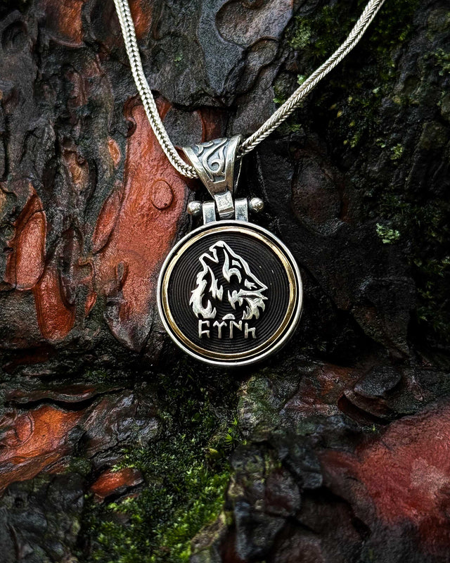 Sterling Silver Rotating Grey Wolf Pendant Necklace - Ancient Turkic Script