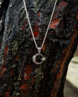 Sterling Silver Minimal Crescent & Star Necklace with Red Stone