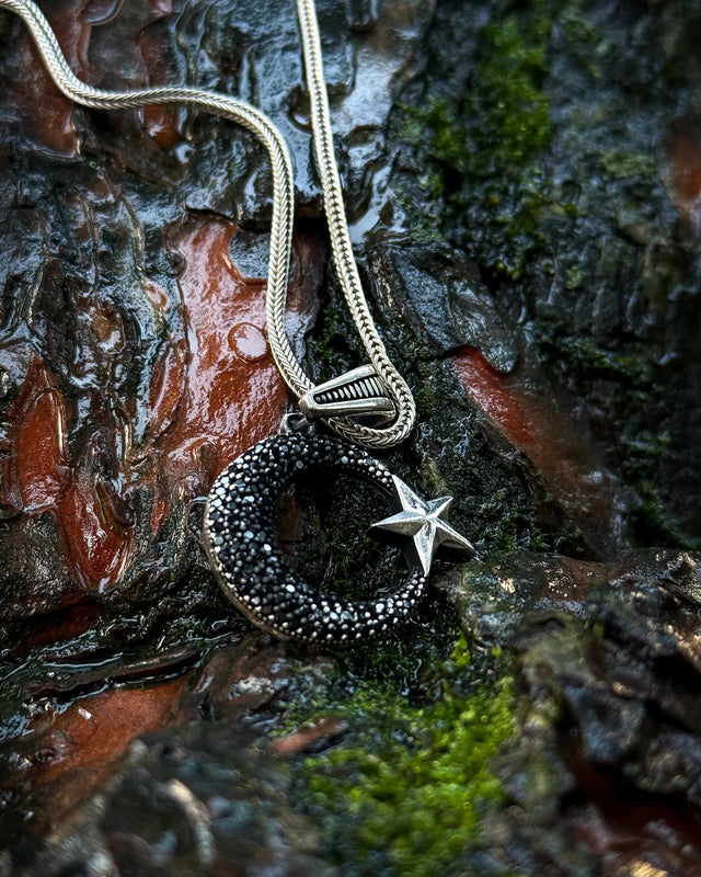 925 Sterling Silver Black Stone Crescent & Star Necklace