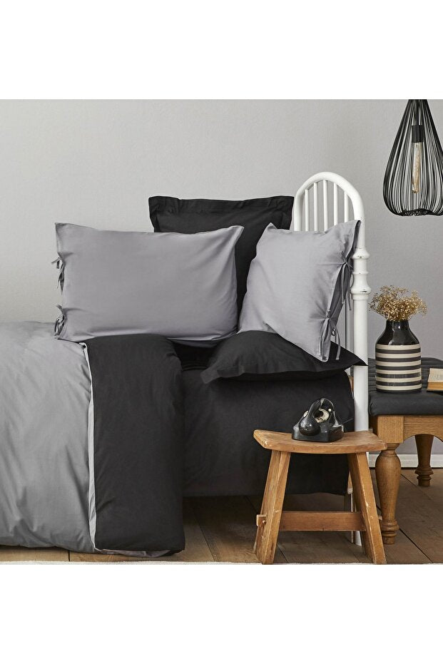 Double Size Reversible Duvet Cover Set - Black/Grey 100% Cotton